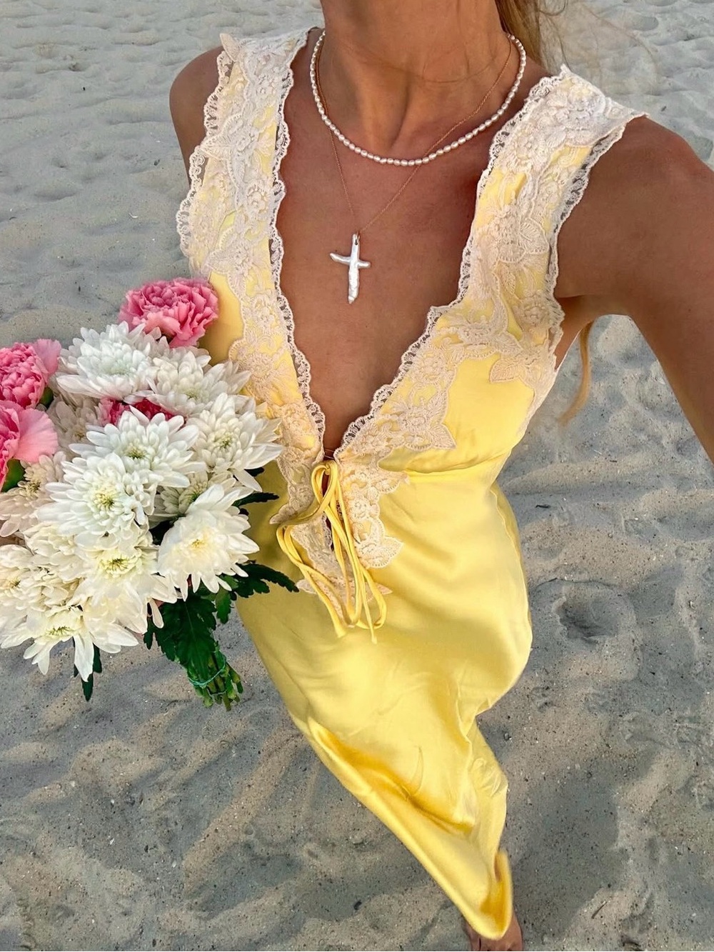 Rumored Venice Yellow Satin Lace-Trim Slip Dress
